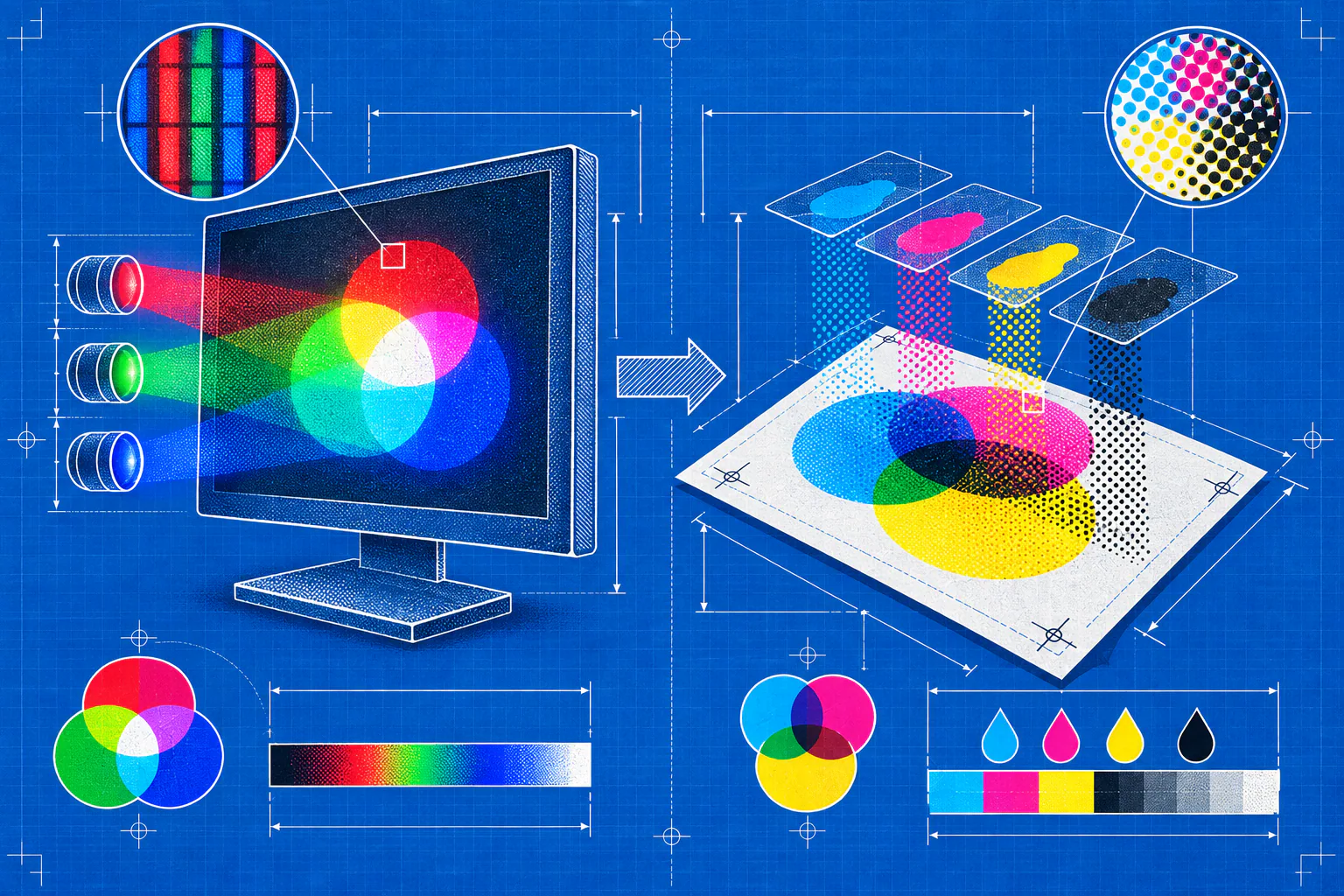 Сравнение смешения света RGB и печатных красок CMYK